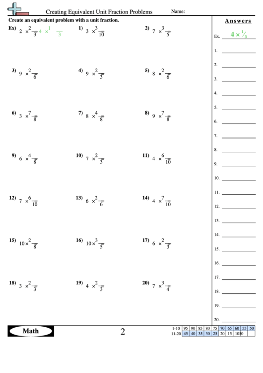 Creating Equivalent Unit Fraction Problems Worksheet With Answer Key Printable pdf