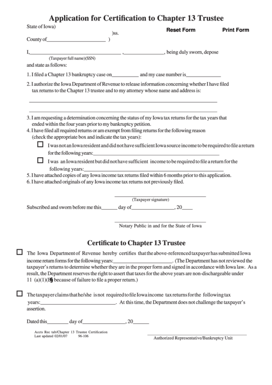 Fillable Application For Certification To Chapter 13 Trustee Printable pdf