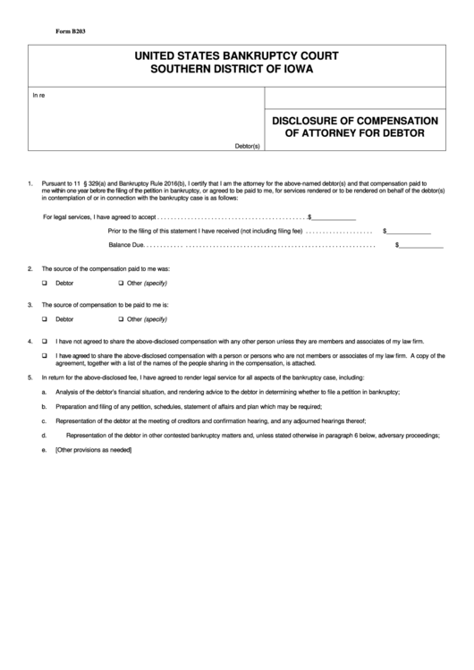 Fillable Disclosure Of Compensation Of Attorney For Debtor Printable pdf