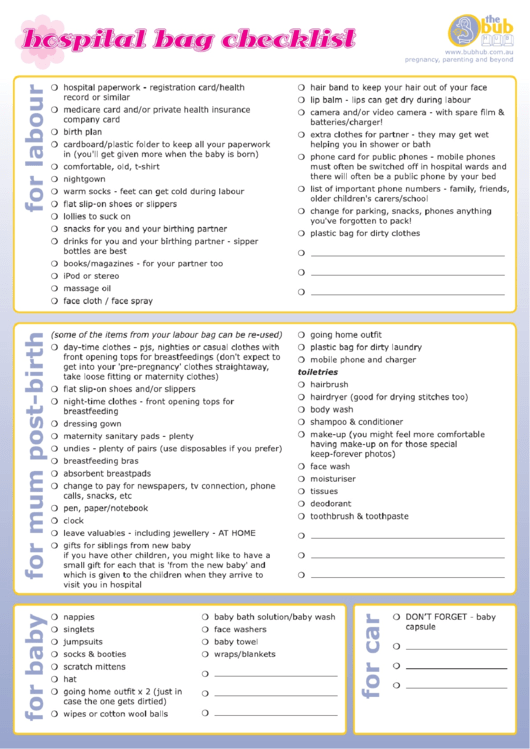 Hospital Bag Checklist Printable pdf