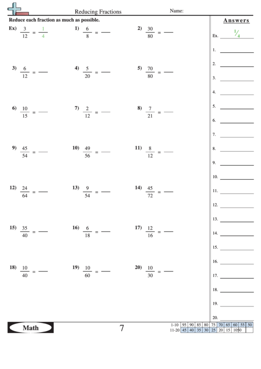 Reducing Fractions Worksheet With Answer Key Printable pdf