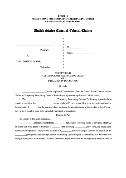 Fillable Surety Bond For Temporary Restraining Order Or Preliminary Injunction - United States Court Of Federal Claims Printable pdf