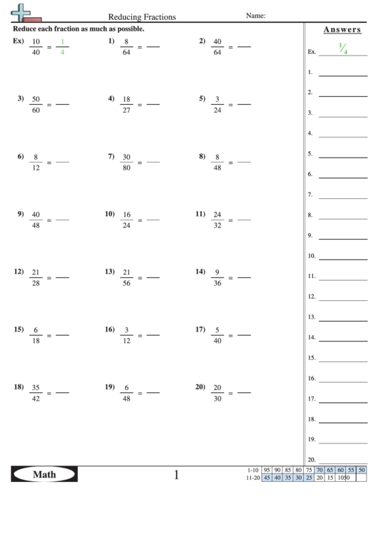 Reducing Fractions Worksheet With Answer Key Printable Pdf Download