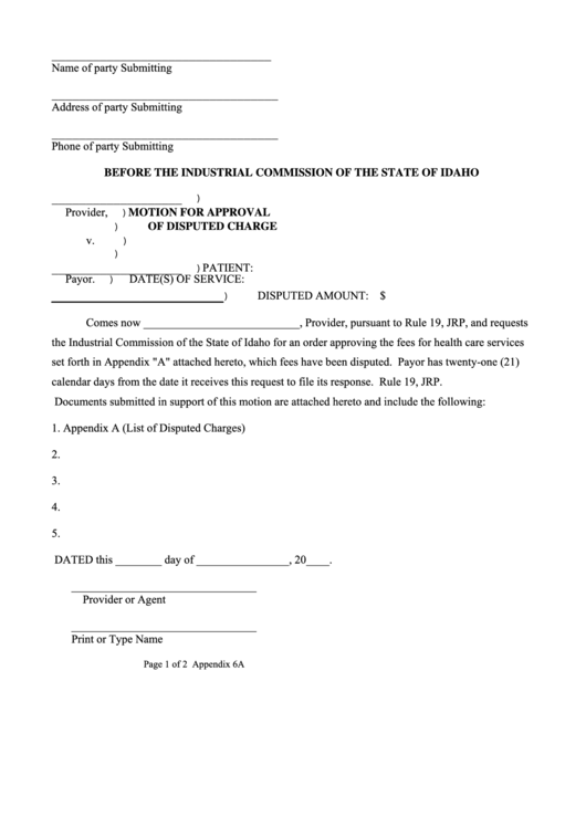 Fillable Motion For Approval Of Disputed Charge Printable pdf