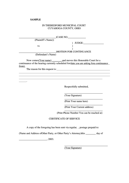 Motion For Continuance Civil Sample printable pdf download