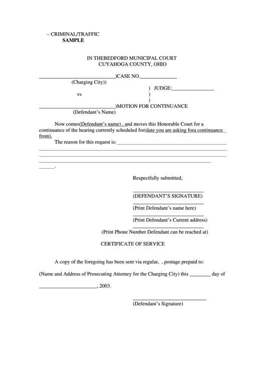Motion For Continuance Criminal / Traffic Sample Printable pdf
