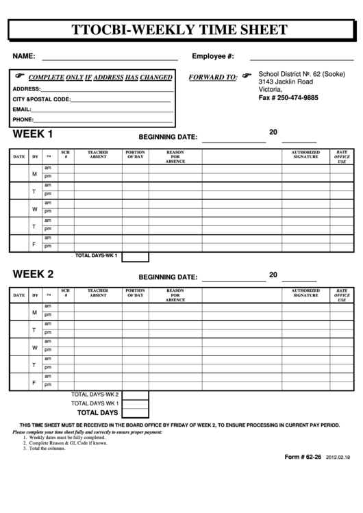 Ttoc Bi-Weekly Time Sheet Printable pdf