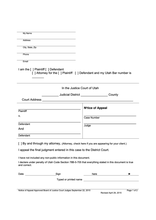 Notice Of Appeal Form - Justice Court Of Utah