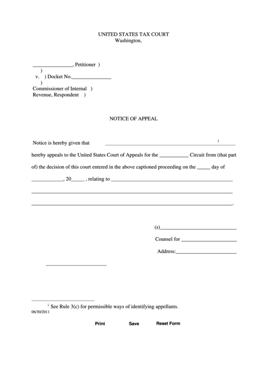 Fillable Notice Of Appeal Tax Court State Washington printable pdf