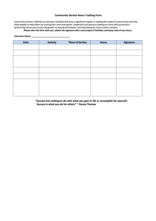 Fillable Community Service Hours Tracking Form Printable pdf