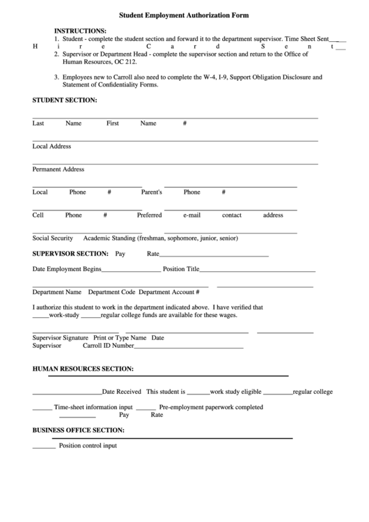 Student Employment Authorization Form Printable pdf