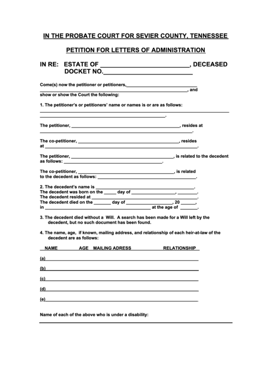 Petition For Letters Of Administration - Sevier County Printable pdf