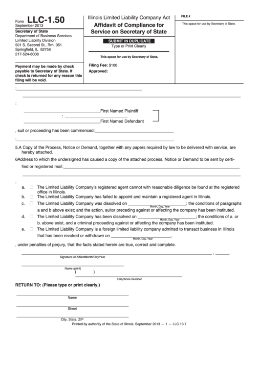 Fillable Form Llc-1.50 - Affidavit Of Compliance For Service On Secretary Of State - 2013 Printable pdf
