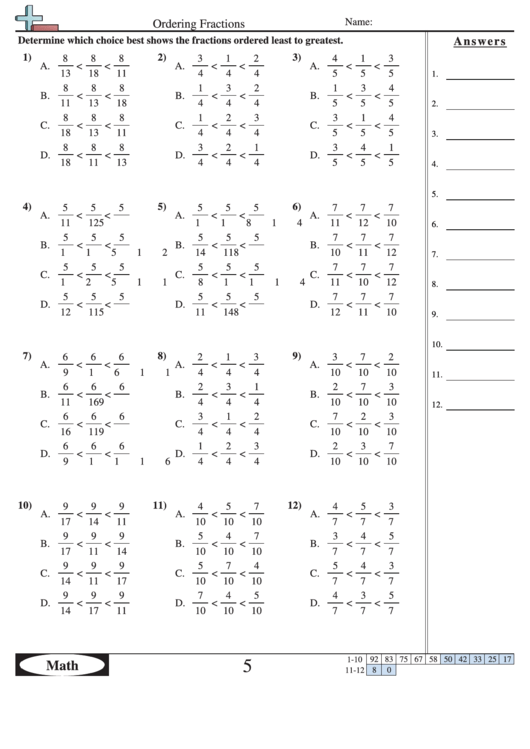 Ordering Fractions (Multiple Choice) Worksheet With Answer Key Printable pdf