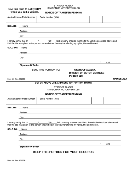 Form 820 - Notice Of Transfer Pending - State Alaska Division Of Motor Vehicles