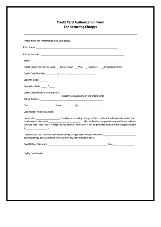 Fillable Credit Card Authorization Form For Recurring Charges Printable pdf