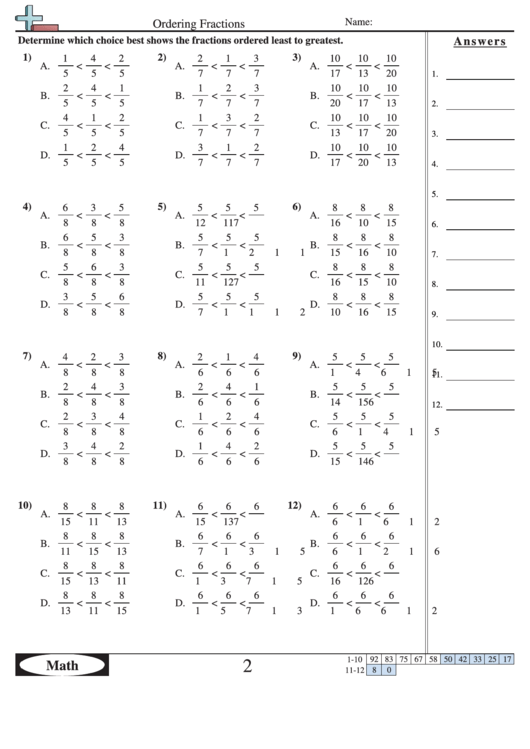 Fractions Multiple Choice Worksheet