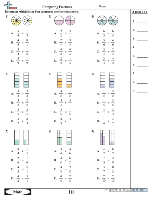 Comparing Visual Fractions (Multiple Choice) Worksheet With Answer Key Printable pdf