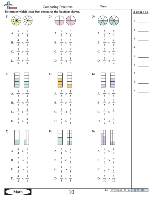 Comparing Visual Fractions Multiple Choice Worksheet With Answer Key Printable Pdf Download