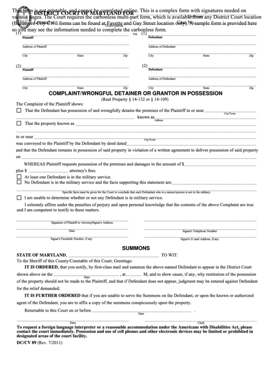 Complaint / Wrongful Detainer Or Grantor In Possession Printable pdf