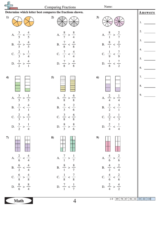 Comparing Visual Fractions Multiple Choice Worksheet With Answer Key Printable Pdf Download