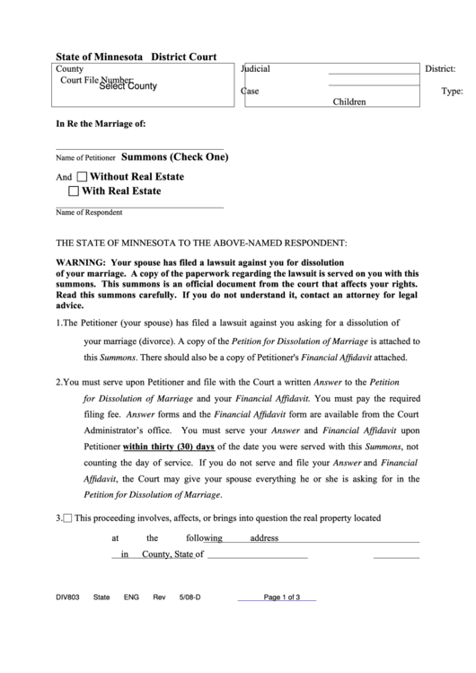Fillable Petition For A Dissolution Of Marriage Printable pdf