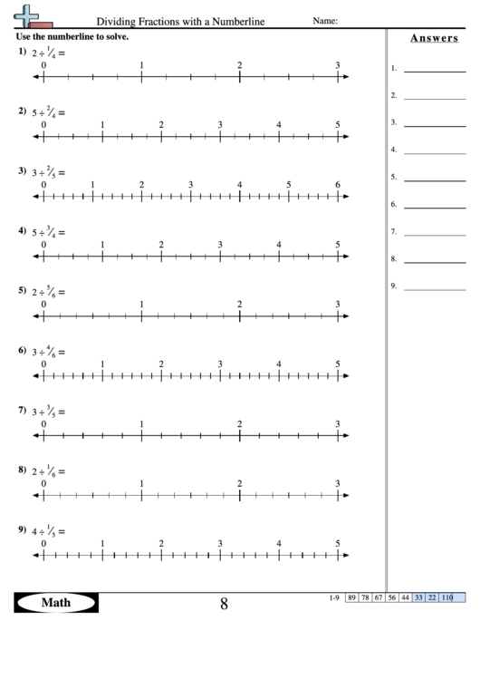 Dividing Fractions With A Numberline Worksheet Printable pdf