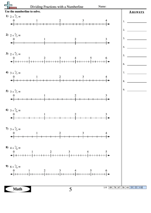 Dividing Fractions With A Numberline Worksheet Printable pdf