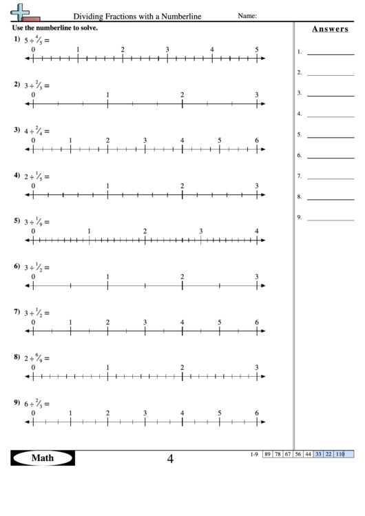 Dividing Fractions With A Numberline Worksheet Printable pdf