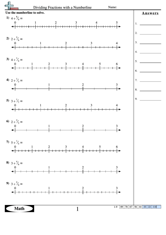 Dividing Fractions With A Numberline Worksheet Printable pdf