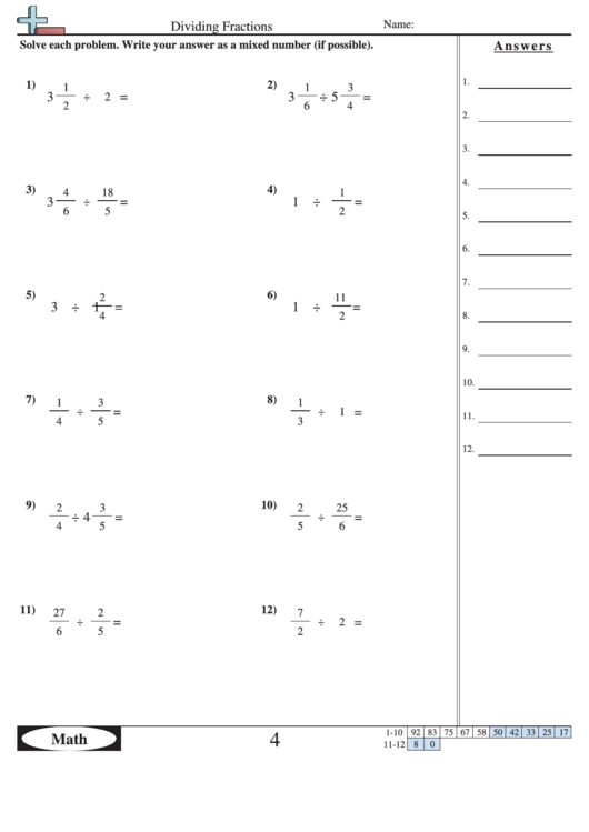 Dividing Mixed Number Fractions Worksheet