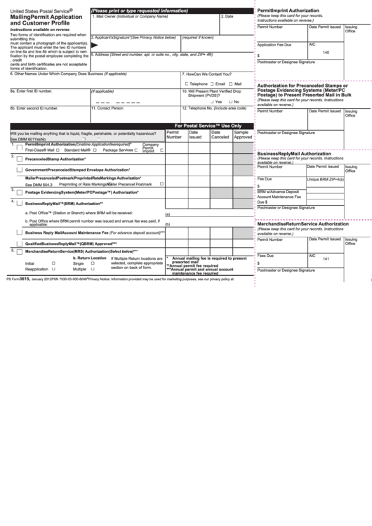 Ps Form 3615 - 2012 Mailing Permit Application And Customer Profile Printable pdf