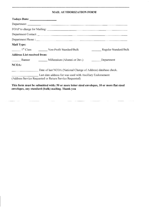Mail Authorization Form Printable pdf