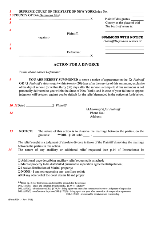 Form Ud1 Action For A Divorce State Of New York printable pdf download