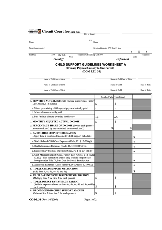 Child Support Guidelines Worksheet A Printable Pdf Download