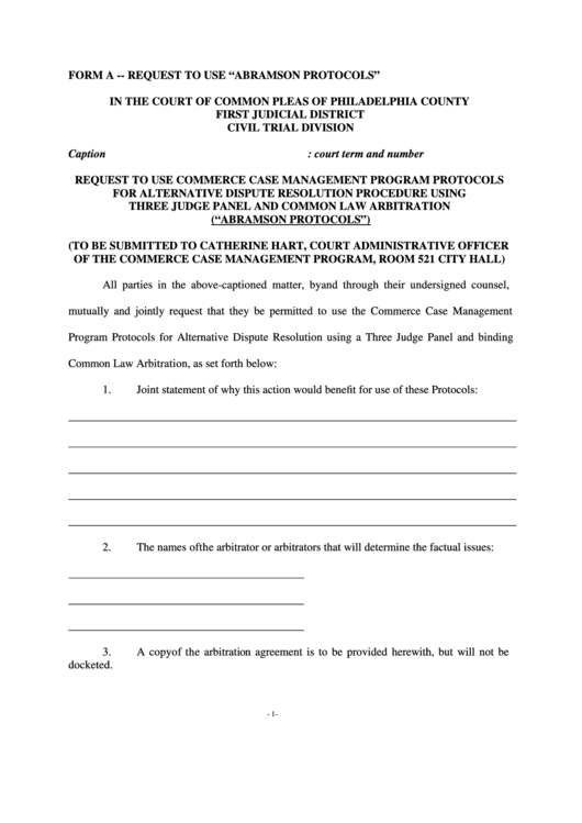 Request To Use Commerce Case Management Program Protocols For Alternative Dispute Resolution Procedure Using Three Judge Panel And Common Law Arbitration Printable pdf
