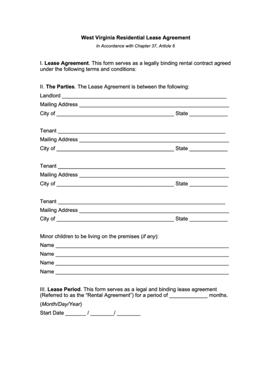 West Virginia Residential Lease Agreement Template Printable pdf
