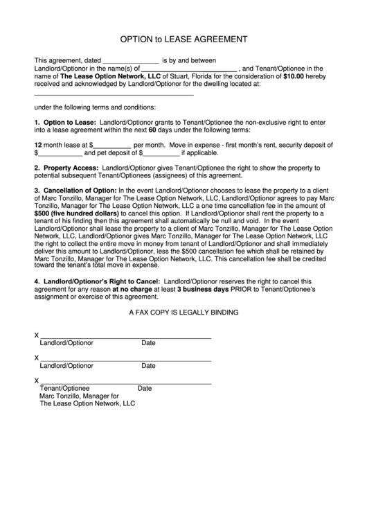 Option To Lease Agreement Printable pdf