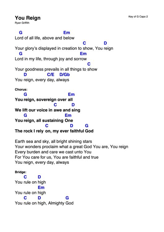 You Reign (Ryan Griffith) Chord Chart Printable pdf
