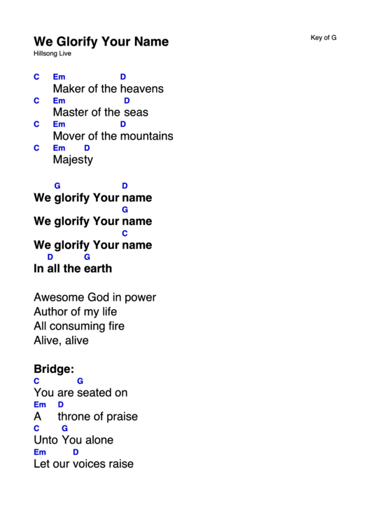 We Glorify Your Name Key Of G Printable pdf