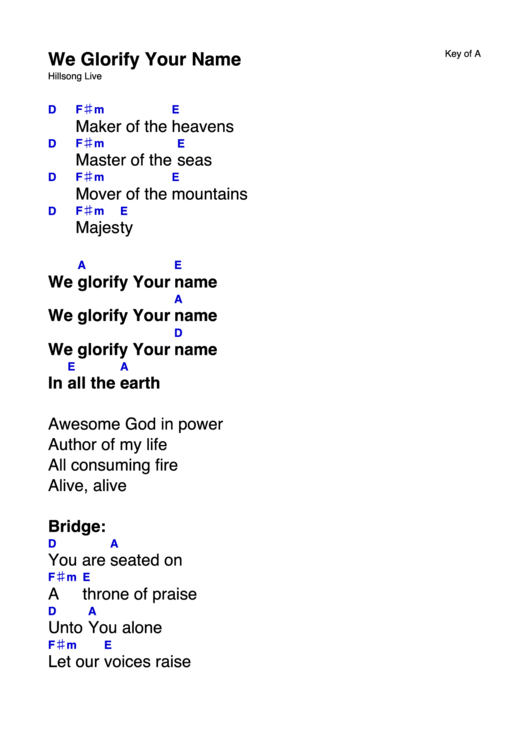 We Glorify Your Name Key Of A Printable pdf