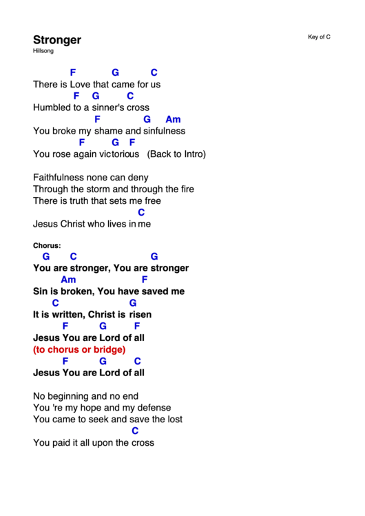 Stronger (Hillsong) - Key Of C Printable pdf