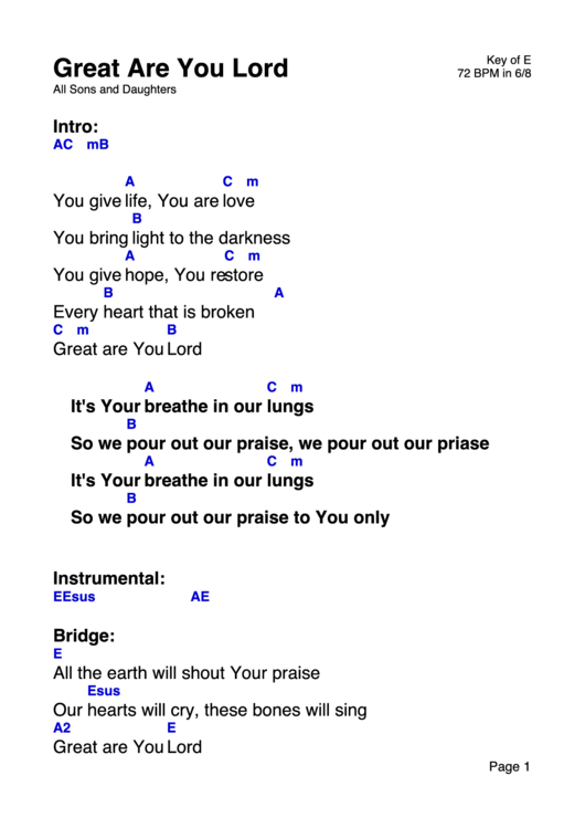 Great Are You Lord - All Sons And Daughters (Key Of E) Printable pdf
