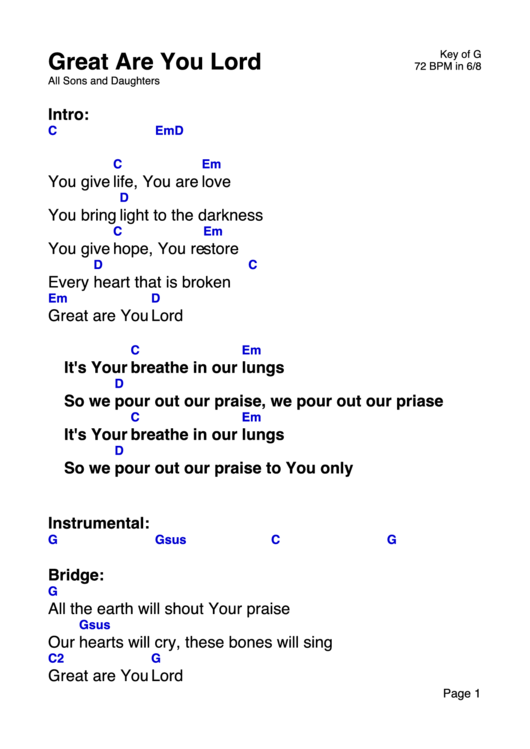 Great Are You Lord - All Sons And Daughters (Key Of G) Printable pdf