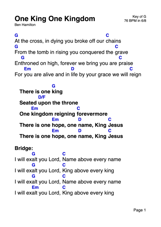 One King One Kingdom - Ben Hamilton (Key Of G) Printable pdf