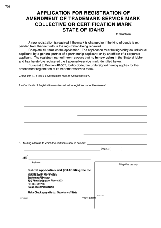 Application For Registration Of Amendment Of Trademark-Service Mark Collective Or Certification Mark State Of Idaho Printable pdf