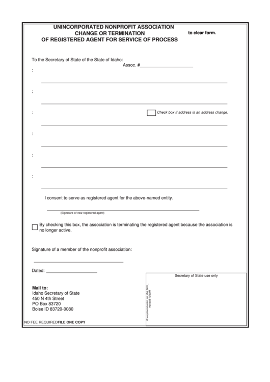 Unincorporated Nonprofit Association Change Or Termination Form Of Registered Agent For Service Of Process Printable pdf