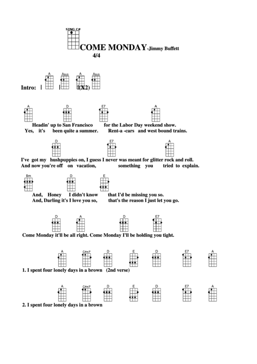 Come Monday - Jimmy Buffett Chord Chart Printable pdf
