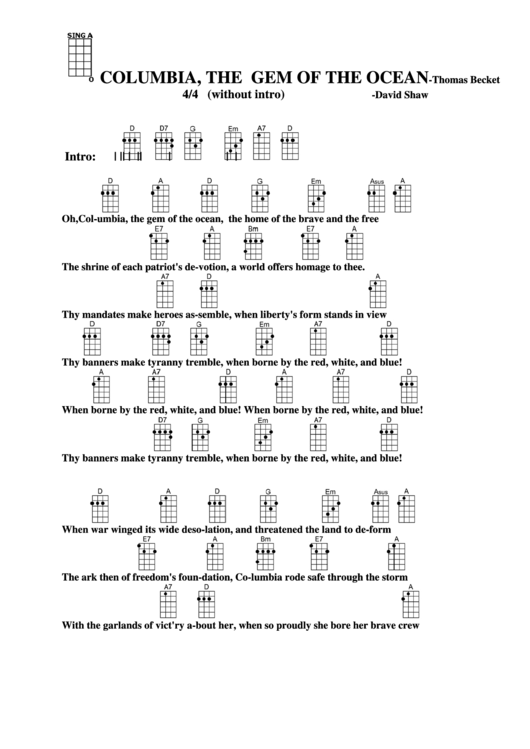 Columbia, The Gem Of The Ocean - Thomas Becket Chord Chart Printable pdf