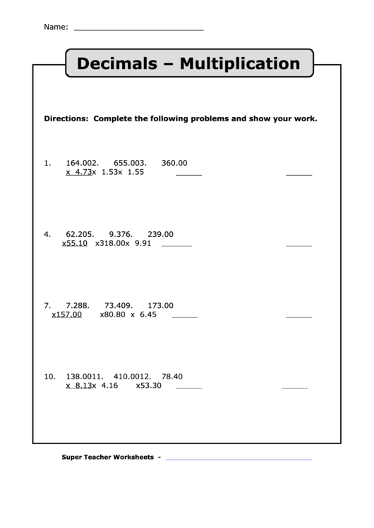 Decimals - Multiplication Printable pdf